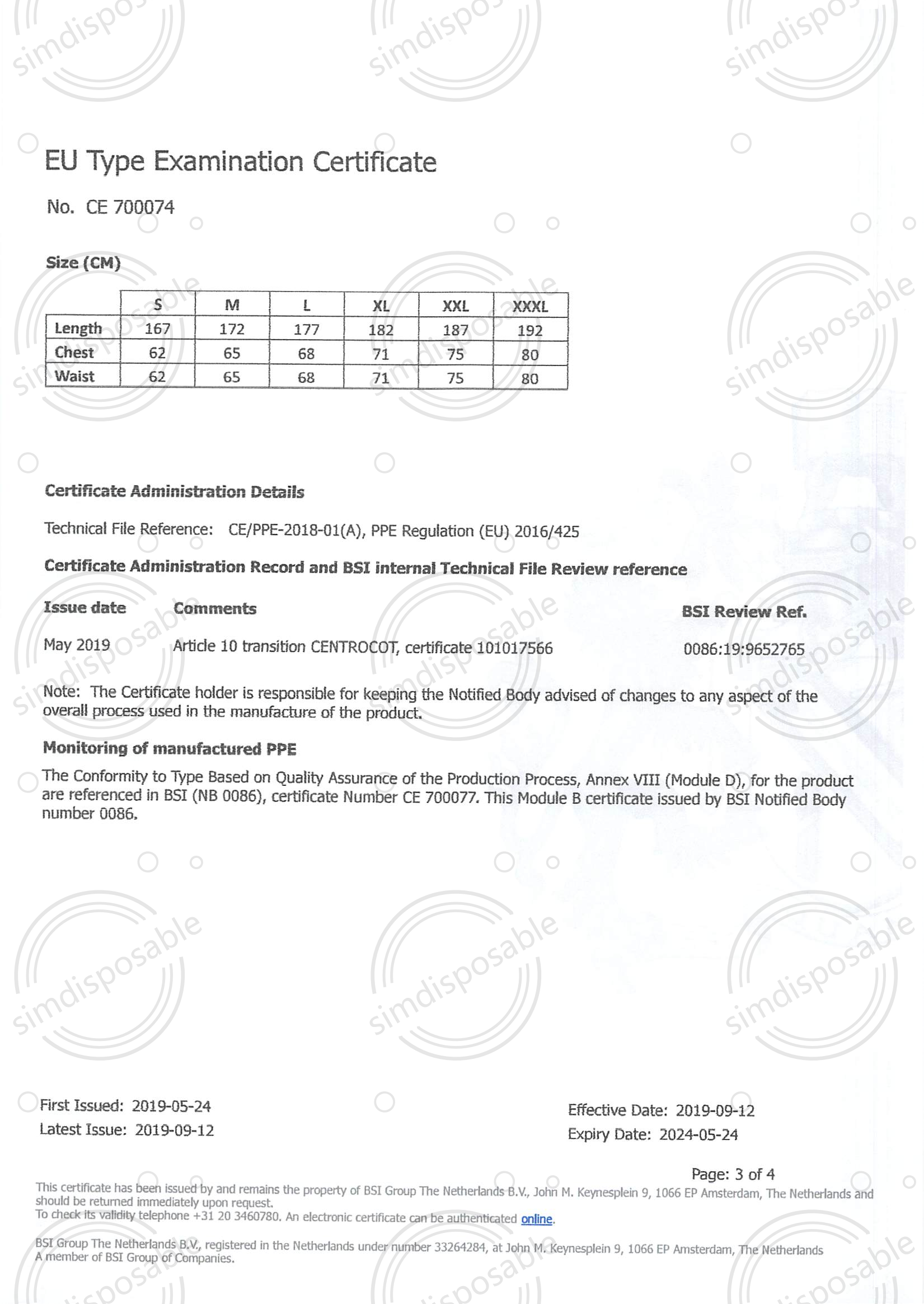 Type 4 Coverall PPE Examination Certificate