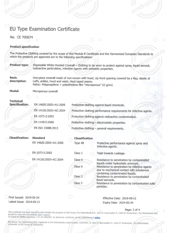 Type 4 Coverall PPE Examination Certificate