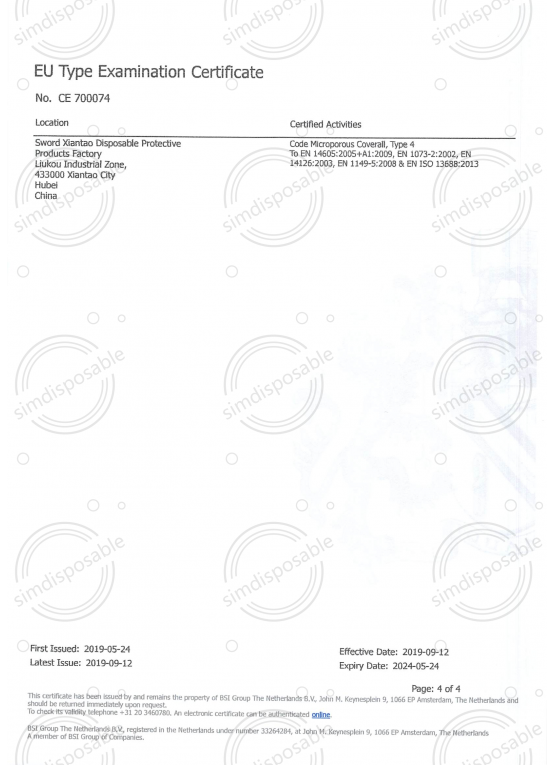 Type 4 Coverall PPE Examination Certificate